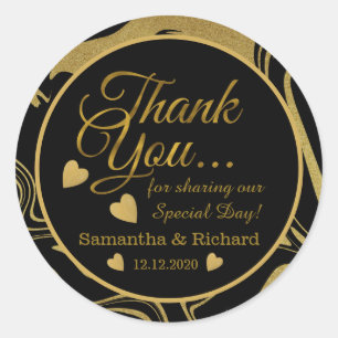 Black and Gold Danke Gastgeschenk Hochzeit Runder Aufkleber