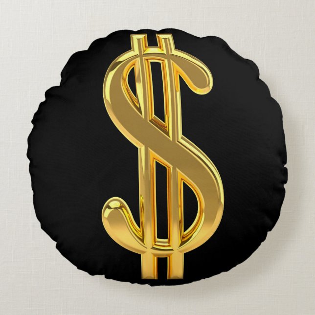 Black and Gold Dollar Sign Round Pillow Rundes Kissen (Vorderseite)