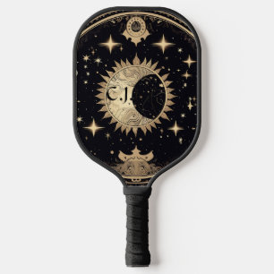Black and Gold Eerie Gothic Sun Moon Monogram Pickleball Schläger