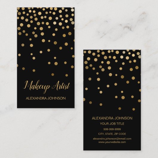 Black and Gold Elegante Confetti Makeup Artist Visitenkarte (Vorne/Hinten)