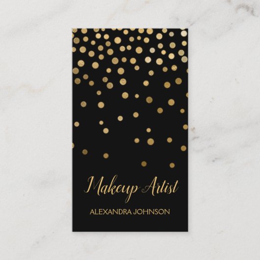Black and Gold Elegante Confetti Makeup Artist Visitenkarte (Vorderseite)