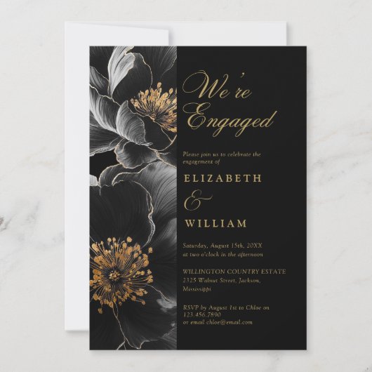 Black and Gold Elegante Floral Engagement Party Einladung (Vorderseite)