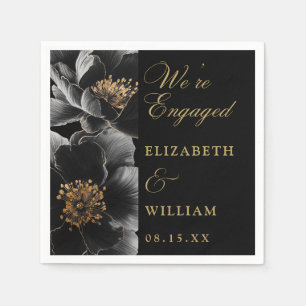 Black and Gold Elegante Floral Engagement Party Serviette