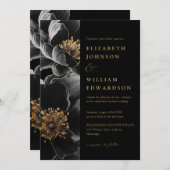 Black and Gold Elegante Floral QR Code Hochzeit Einladung (Vorne/Hinten)