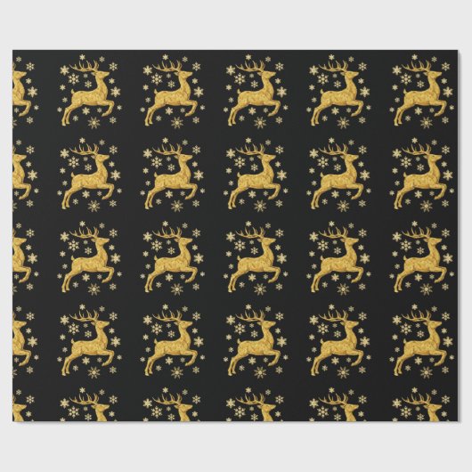 Black And Gold Faux Foil Reindeer and Snowflakes Geschenkpapier (Flach)
