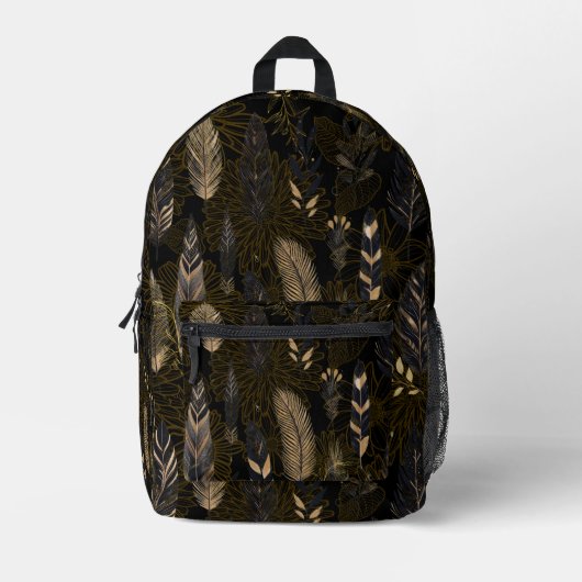 Black and Gold Feather Printed Backpack Bedruckter Rucksack (Vorderseite)