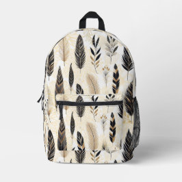Black and Gold Feather Printed Backpack Bedruckter Rucksack