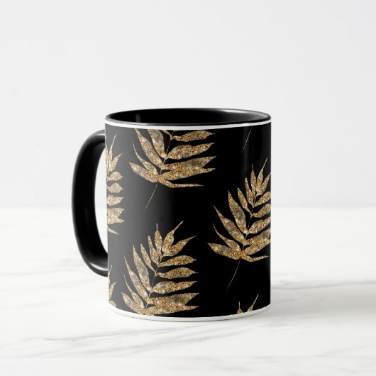 Black and Gold Fern Leaf Muster Kaffee Tasse (Vorderseite Links)