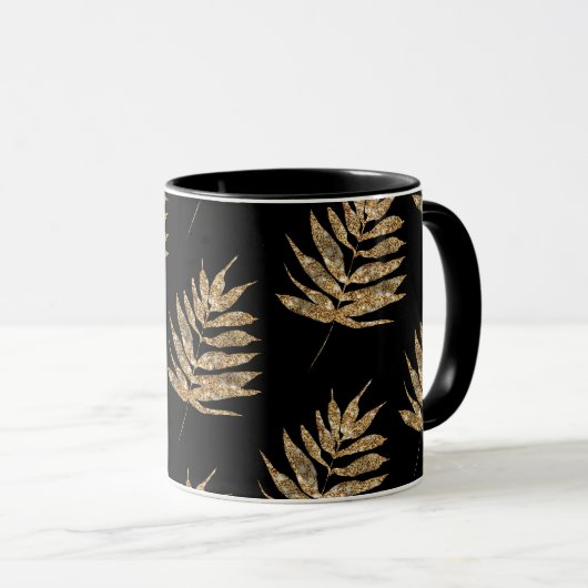 Black and Gold Fern Leaf Muster Kaffee Tasse (VorderseiteRechts)