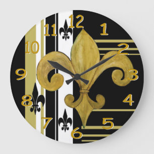 Black and Gold Fleur de lis wall clock Große Wanduhr