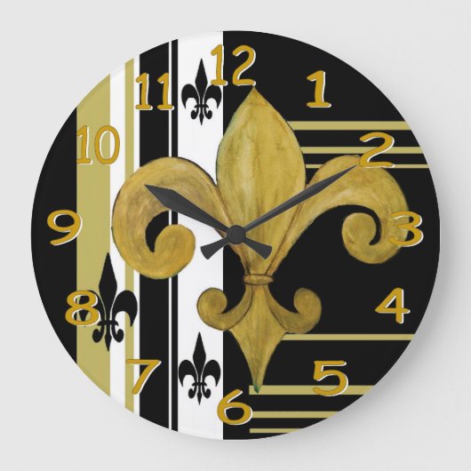 Black and Gold Fleur de lis wall clock Große Wanduhr (Vorderseite)