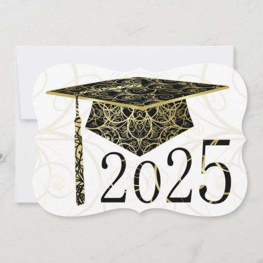 Black and Gold Floral Cap 2025 Graduation Party Einladung (Vorderseite)