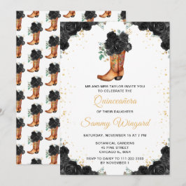 Black and Gold Floral Cowboy Boot Quinceañera Einladung