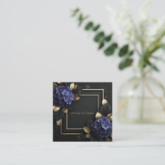 Black and Gold Floral Geometric Hydrangea Quadratische Visitenkarte (Stehend Vorderseite)