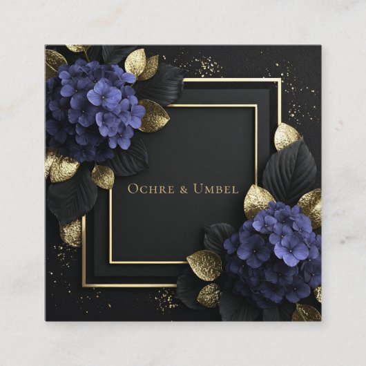 Black and Gold Floral Geometric Hydrangea Quadratische Visitenkarte (Vorderseite)