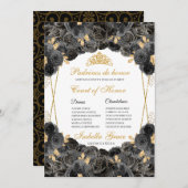 Black and Gold Floral Quinceanera Court of Ehre Einladung (Vorne/Hinten)