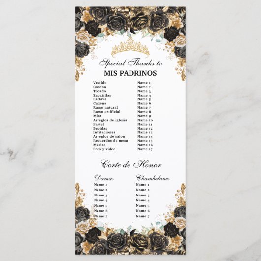Black and Gold Floral Quinceañera Order Events Programm (Rückseite)