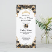 Black and Gold Floral Quinceañera Order Events Programm (Stehend Vorderseite)