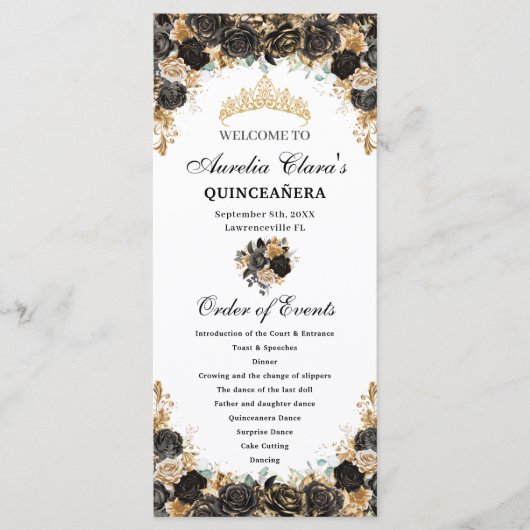 Black and Gold Floral Quinceañera Order Events Programm (Vorderseite)