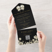 Black And Gold Floral Skulls QR Code Goth Wedding All In One Einladung (Abreißen)