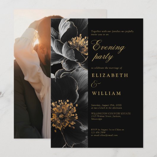Black and Gold Floral Wedding Abend Party Foto Einladung (Vorne/Hinten)