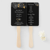 Black and Gold Floral Wedding Program Hand Fan Fächer (Vorne und Hinten)