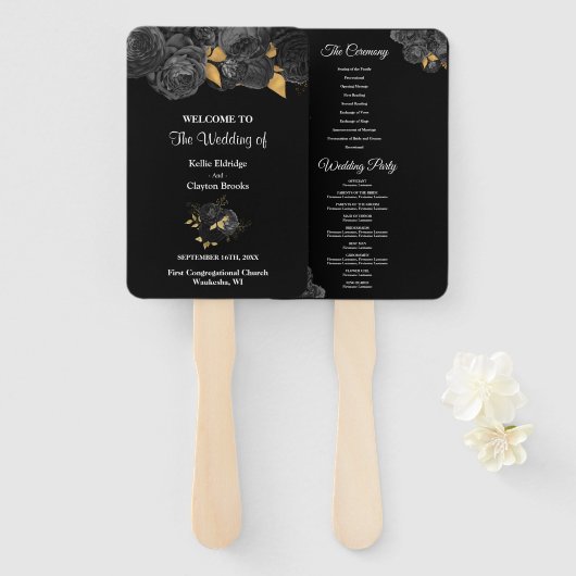 Black and Gold Floral Wedding Program Hand Fan Fächer (Vorne und Hinten)