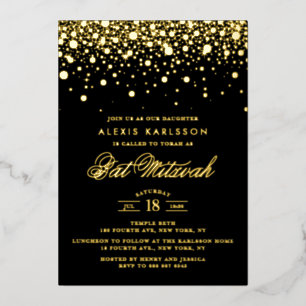 Black and Gold Foil Confetti Dots Bat Mitzvah Folieneinladung