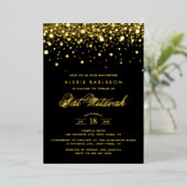 Black and Gold Foil Confetti Dots Bat Mitzvah Folieneinladung (Stehend vorne)