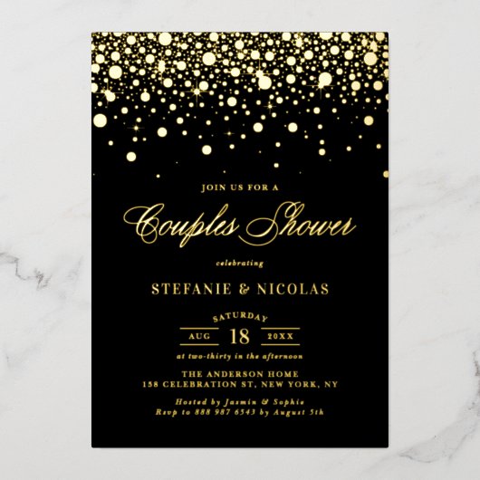 Black and Gold Foil Confetti Dots Couples Dusche Folieneinladung (Vorderseite)