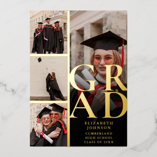 Black and Gold Foto Collage Graduation Party Folieneinladung (Vorderseite)