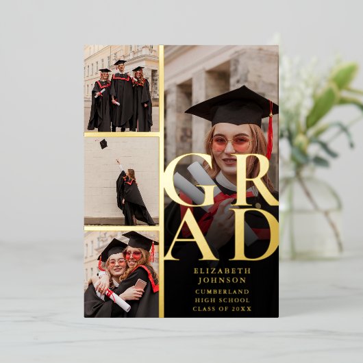 Black and Gold Foto Collage Graduation Party Folieneinladung (Stehend vorne)