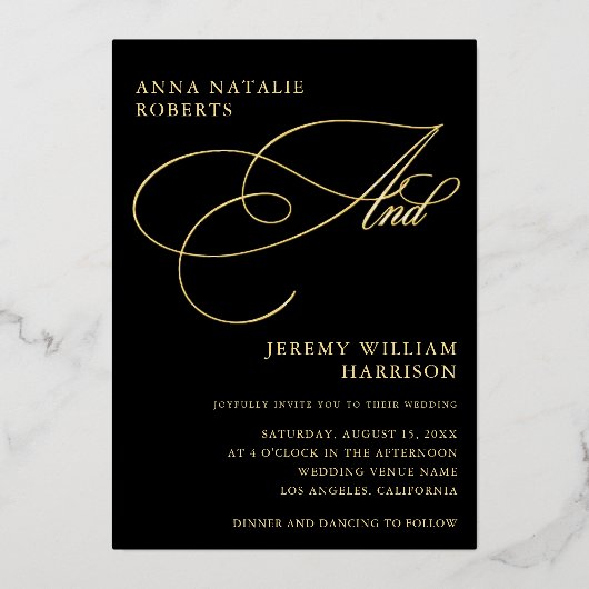 Black and Gold Foto Script und QR Code Wedding Folieneinladung (Vorderseite)