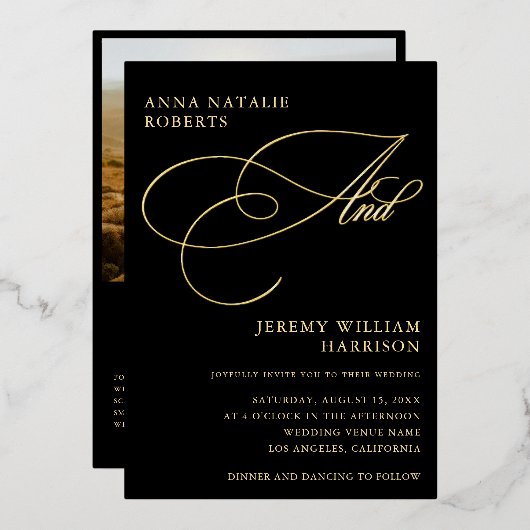 Black and Gold Foto Script und QR Code Wedding Folieneinladung (Vorderseite/Rückseite)