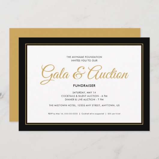 Black and Gold Gala Auktion und Fundraiser Einladung (Vorne/Hinten)