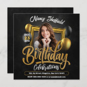 Black and Gold Geburtstagsfeier Foto Einladung (Vorne/Hinten)