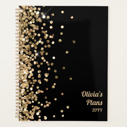Black and Gold Glitter Custom Planer | Name Year (Vorderseite)