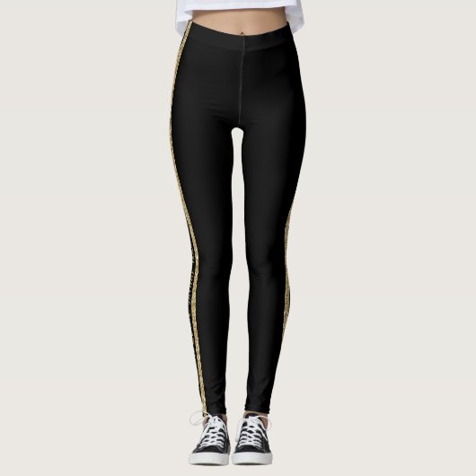 Black and Gold Glitter Custom Text Athletic Stripe Leggings (Vorderseite)