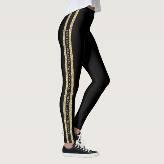 Black and Gold Glitter Custom Text Athletic Stripe Leggings (Rechts)