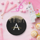 Black and Gold Glitter Monogram Birthday Pappteller (Party)