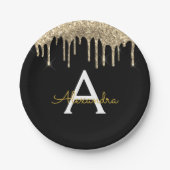 Black and Gold Glitter Monogram Birthday Pappteller (Vorderseite)