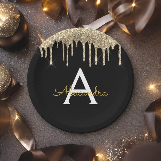 Black and Gold Glitter Monogram Birthday Pappteller