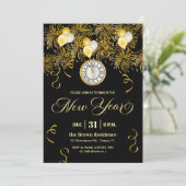 Black and Gold Glitter New Year's Eve Party Einladung (Stehend Vorderseite)