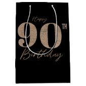 Black and Gold Glitter Numeral 90th Birthday  Mittlere Geschenktüte (Vorderseite)