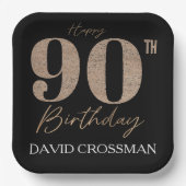 Black and Gold Glitter Numeral 90th Birthday  Pappteller (Vorderseite)