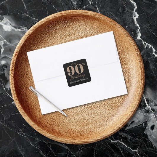 Black and Gold Glitter Numeral 90th Birthday  Quadratischer Aufkleber