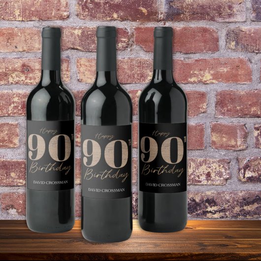 Black and Gold Glitter Numeral 90th Birthday Weinetikett