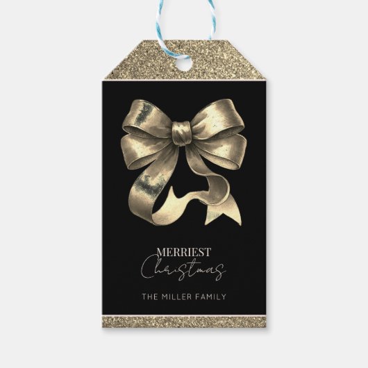 Black and Gold Glittered Bow Christmas Geschenkanhänger (Vorderseite)