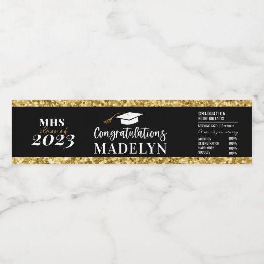 Black and Gold Glitzer 2023 Abschluss Custom Wasserflaschenetikett (Einzelnes Label)