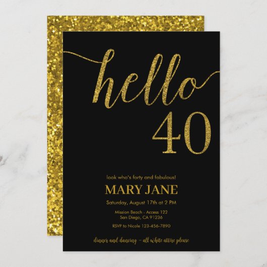 Black and Gold Glitzer 40. Geburtstag Einladung (Vorne/Hinten)
